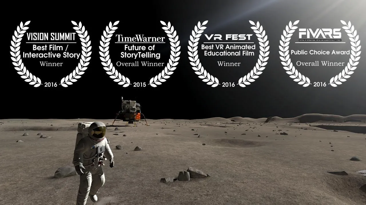 Apollo 11 VR scene of an astronaut on the lunar surface beneath four festival award laurels.