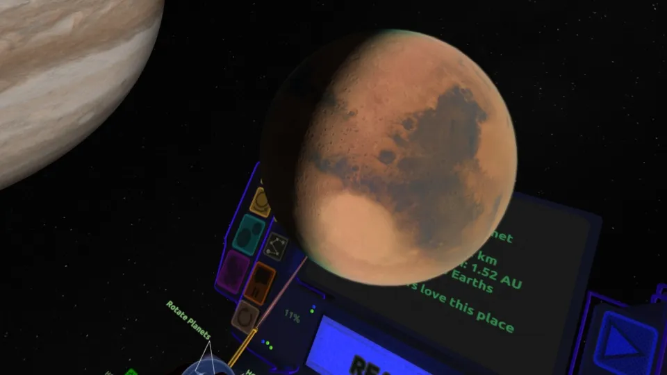 Inner planets shown at basketball size, held in the user's hands in VR
