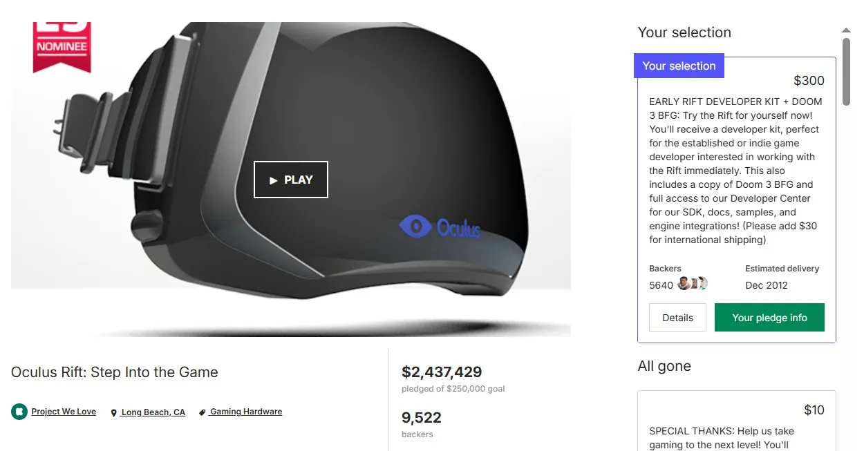 A screenshot of the Oculus Rift Kickstarter, including Drash's backer pledge.