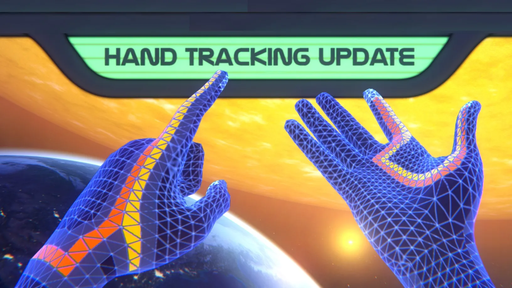 Hands tracked in VR interacting with the interface without controllers