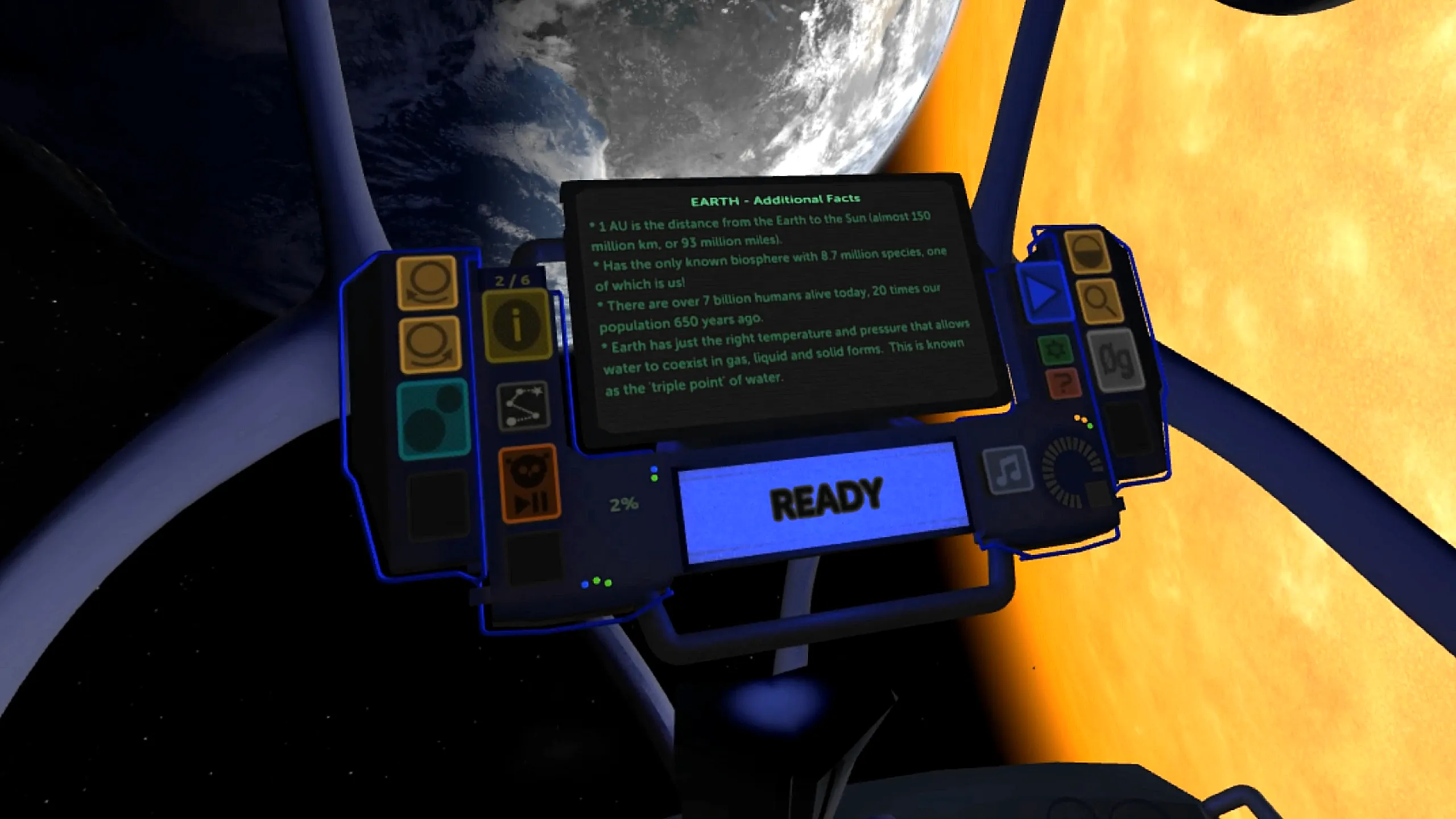 Cockpit dashboard showing a 360-degree real-distance vantage of the solar system