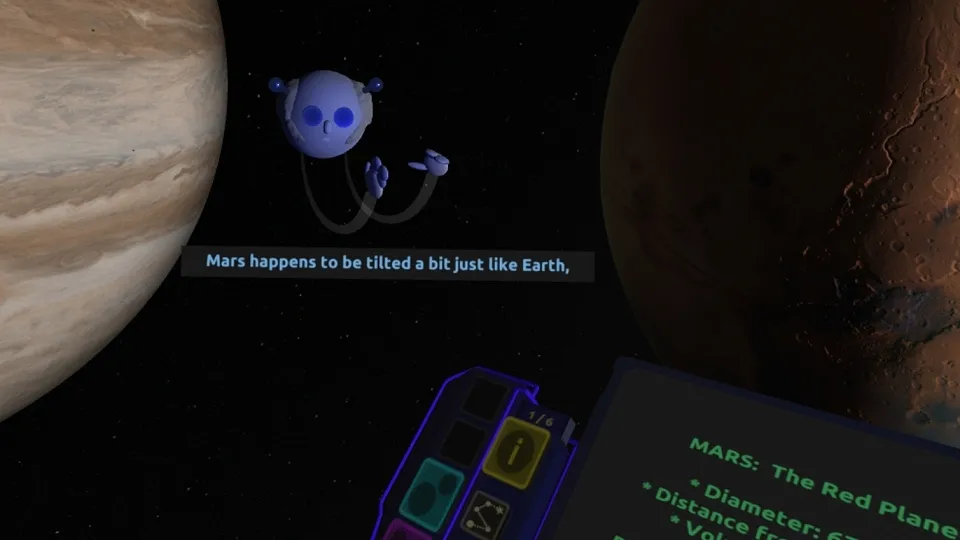 Friendly alien tour guide character floating in space, gesturing at planets
