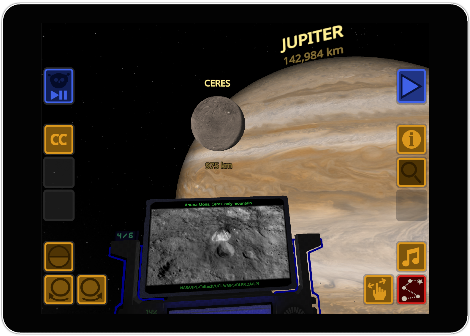 Titans of Space on iPad showing Jupiter and Ceres side-by-side comparison